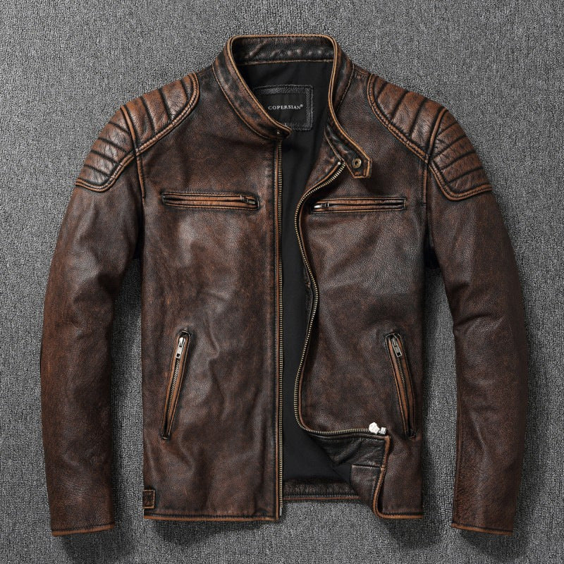 Herren Vintage Biker-Lederjacke mit Stehkragen und gesteppter Schulterpolsterung Drune
