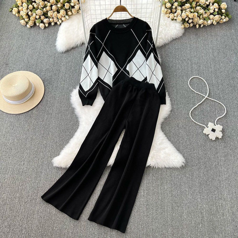 Damen elegantes Strick-Loungewear-Set mit Rautenmuster und weitem Bein Drune