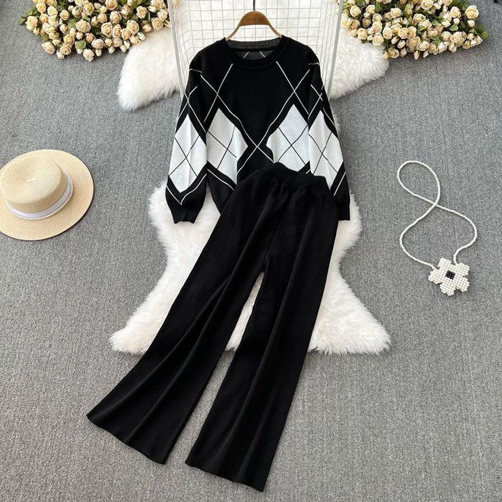 Damen elegantes Strick-Loungewear-Set mit Rautenmuster und weitem Bein Drune