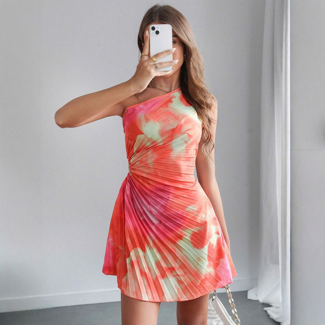 Damen One-Shoulder Plissee-Minikleid mit Cut-Out und Wickel-Detail Drune