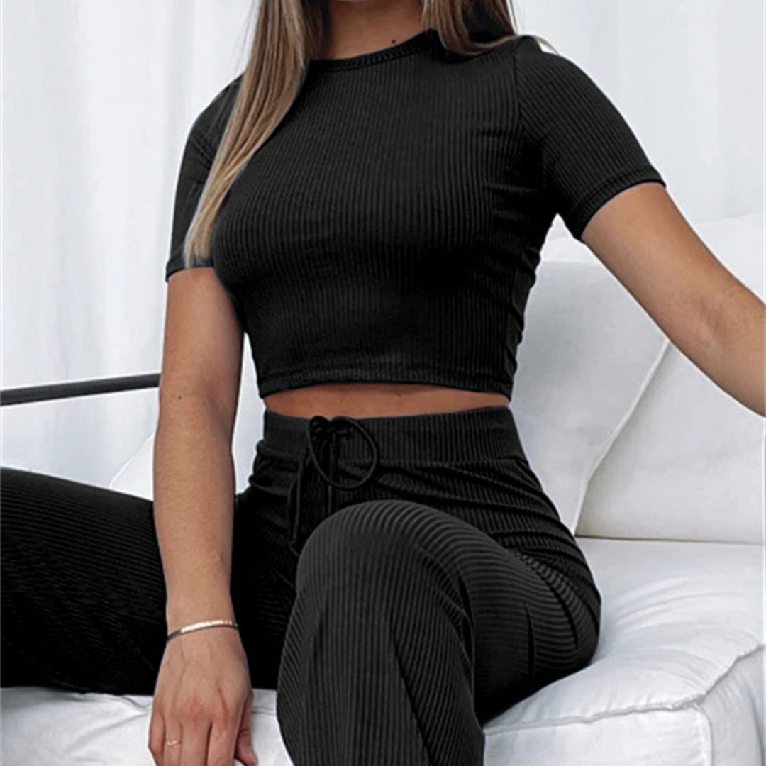 Damen Geripptes Crop-Set aus Stretch‑Jersey mit taillenhoher Kordel-Hose Drune