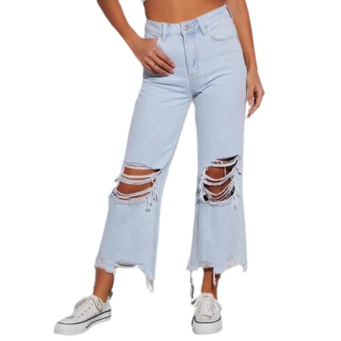 Damen nan cropped-weitjeans mit hoher Taille, ausgefranstem Saum und starkem Knee-Ripping Drune
