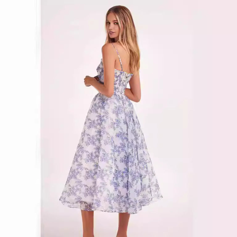 Damen Midi-Kleid mit floralem Spitzenoberteil und schwingendem Rock Drune