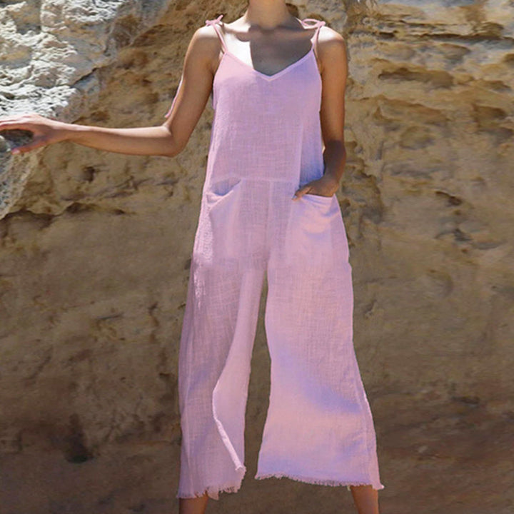 Damen Leinen-Jumpsuit mit stylischem V-Ausschnitt und praktischen Taschen Drune