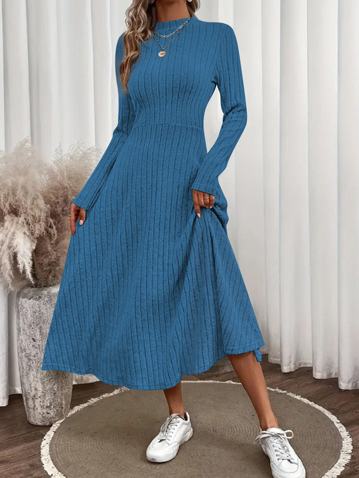 Damen Geripptes Strickmidikleid mit hohem Stehkragen und taillierter A-Linie Drune