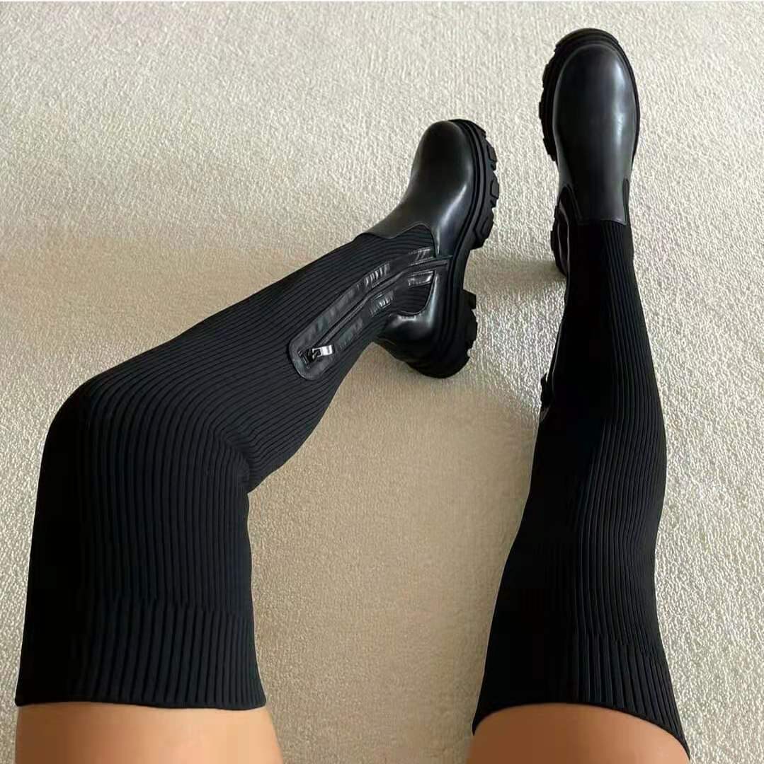 Damen knielange Strickschaft-Chelsea-Boots mit kontrastfarbiger Profilsohle Drune