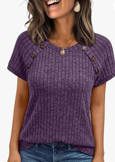 Damen lässiges Rippenstrick-T-Shirt mit Knöpfen Drune