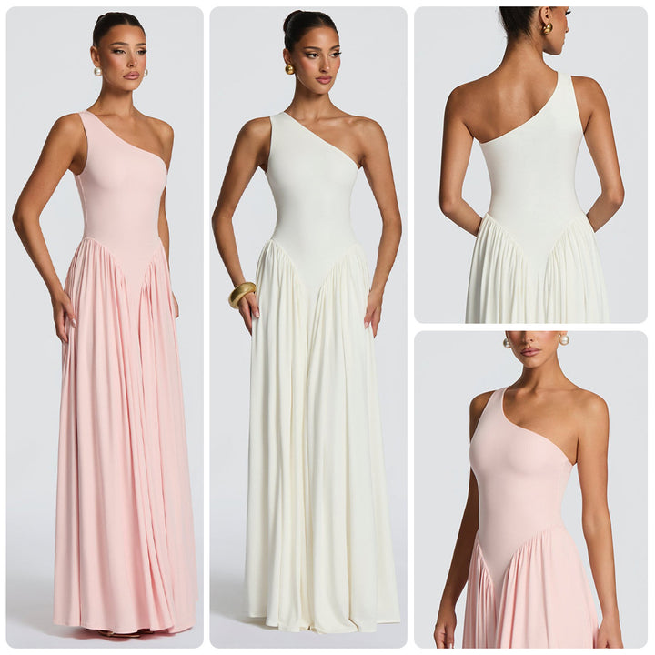 Damen Elegantes asymmetrisches Maxikleid mit fließendem Rock und raffinierten Drapierungsdetails Drune