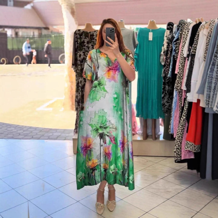 Damen nan fließendes Maxi-Kaftankleid mit V-Ausschnitt und großflächigem Aquarell-Blumenprint Drune