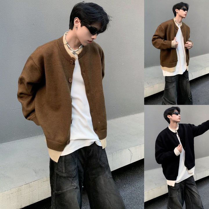Herren Modische Strickjacke mit Knöpfen und kontrastierenden Ärmeln Drune