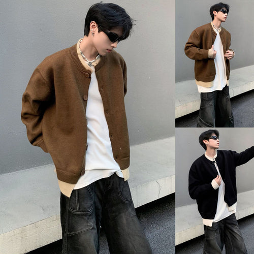 Herren Modische Strickjacke mit Knöpfen und kontrastierenden Ärmeln Drune