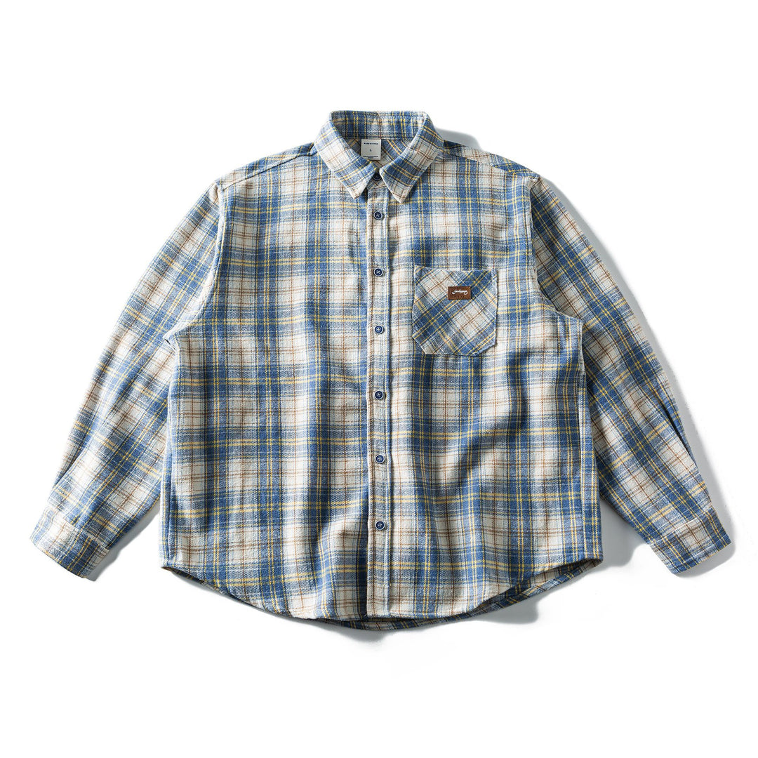 Unisex Lockeres Karomuster-Flanellhemd im Overshirt-Stil mit abgerundetem Saum Drune