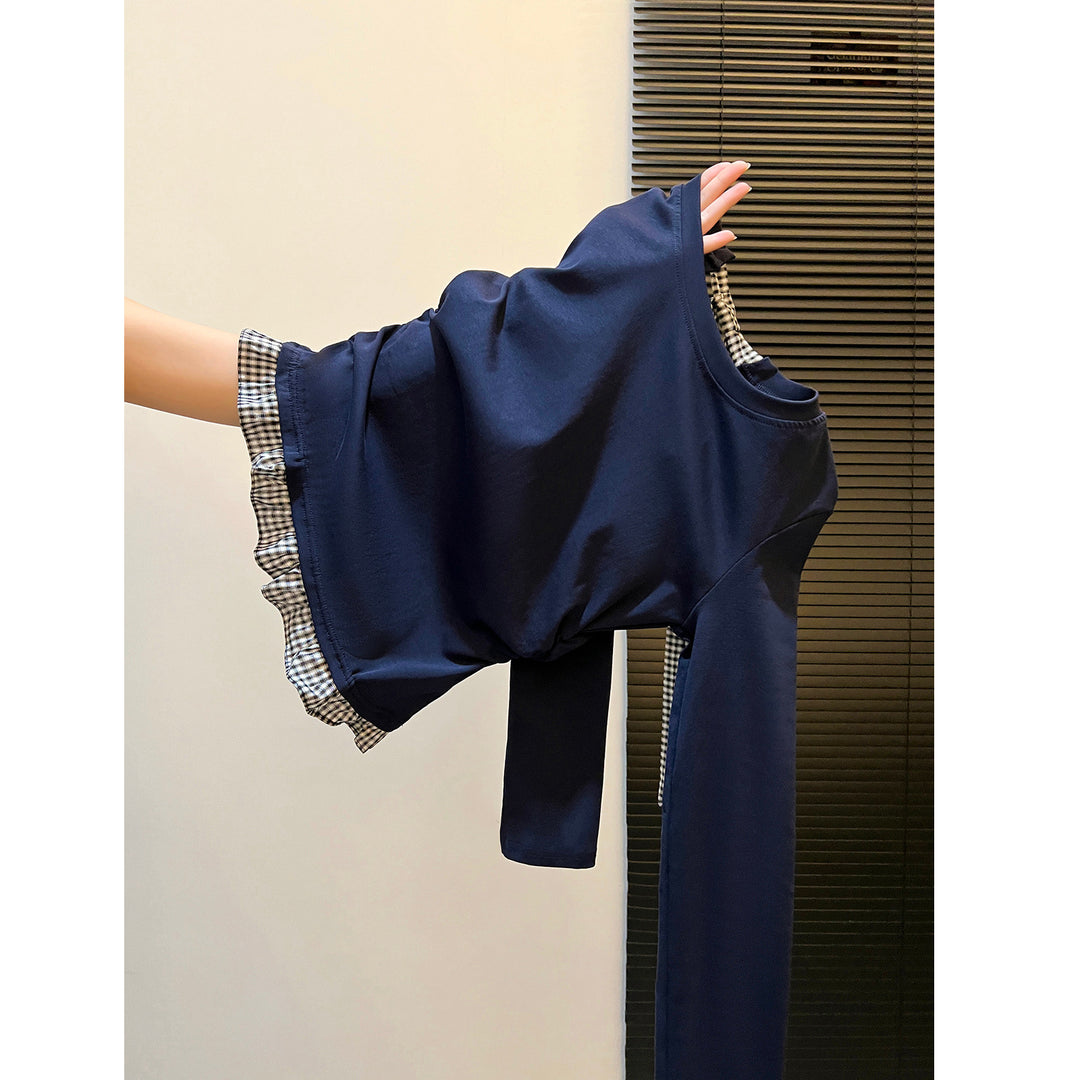 Damen Langarmshirt mit asymmetrischem Rüschenrand und dekorativem Rückenteil Drune