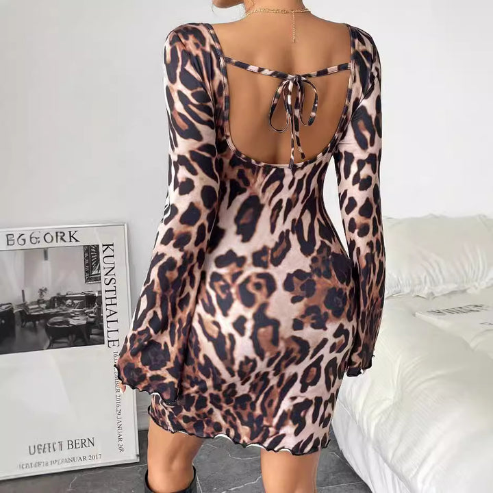 Damen Minikleid mit weit ausgestellten Ärmeln und Leopardenmuster Drune