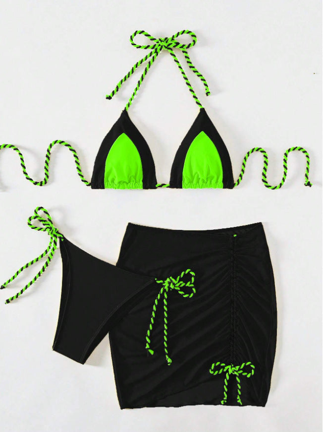 Damen Triangel-Bikini mit Wickelrock und Bänder Drune