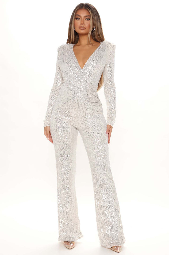 Damen Glamouröses Jumpsuit mit schimmernden Pailletten und weiten Ärmeln Drune