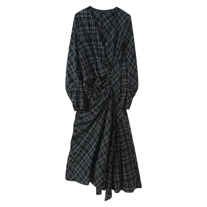 Damen nan asymmetrisches Midikleid mit Knoten-Drapierung und Balloon-Ärmeln Drune