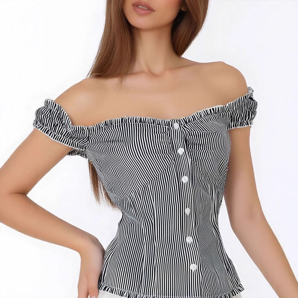 Damen Off-Shoulder Bluse mit feinen Rüschendetails und gestreiftem Muster Drune