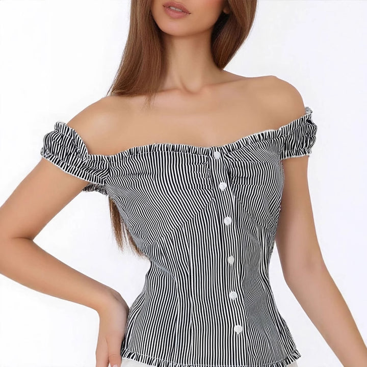Damen Off-Shoulder Bluse mit feinen Rüschendetails und gestreiftem Muster Drune
