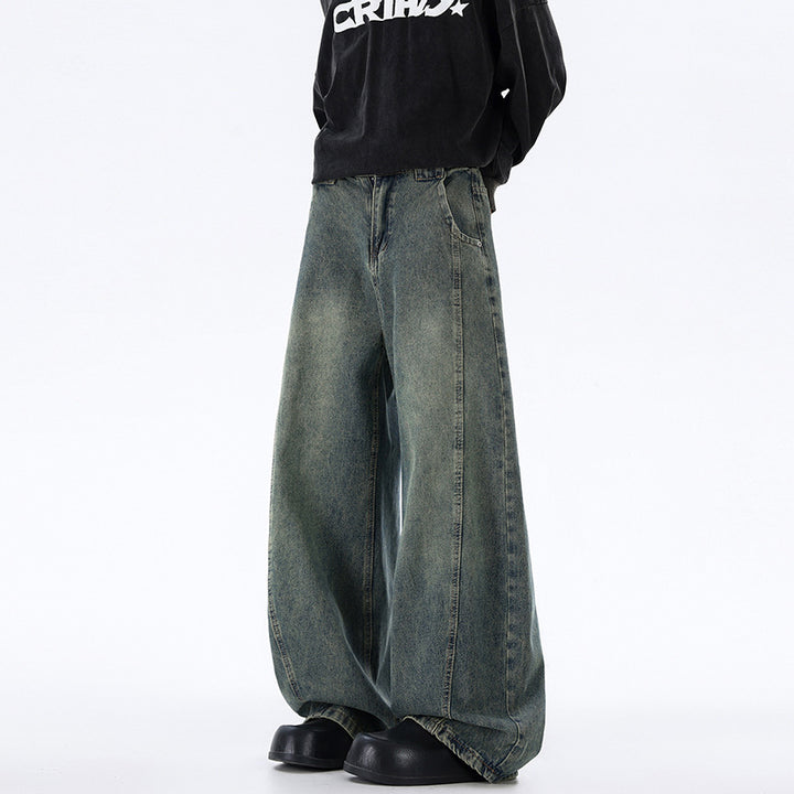 Herren Ultraweit geschnittene Denim-Hose im Palazzo-Stil mit tiefem Schritt Drune