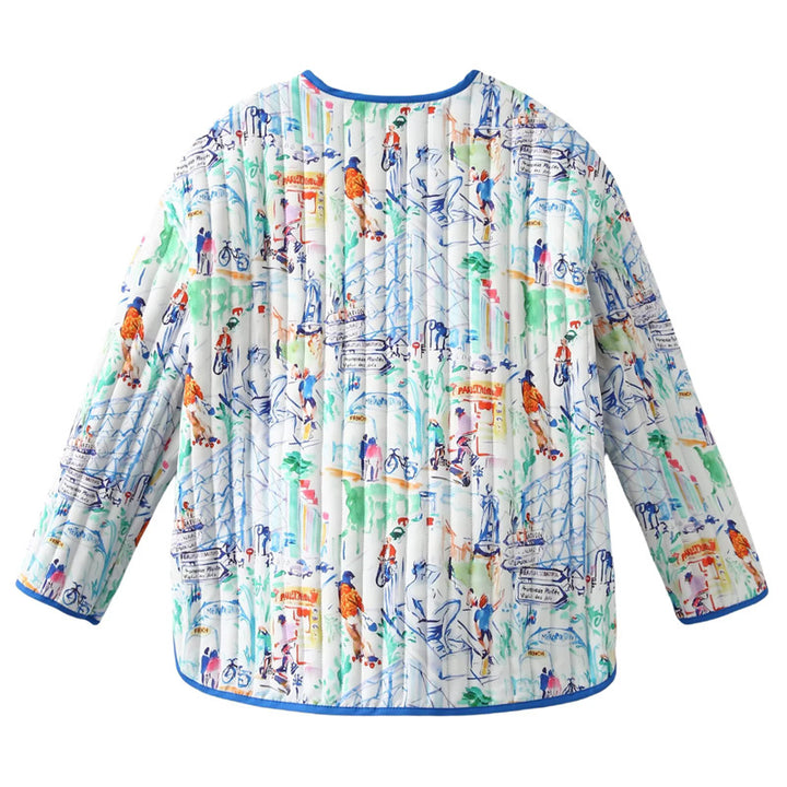 Damen nan gesteppte Steppjacke im Overshirt-Look mit buntem City-Print, Kontrastpaspel und aufgesetzten Fronttaschen Drune