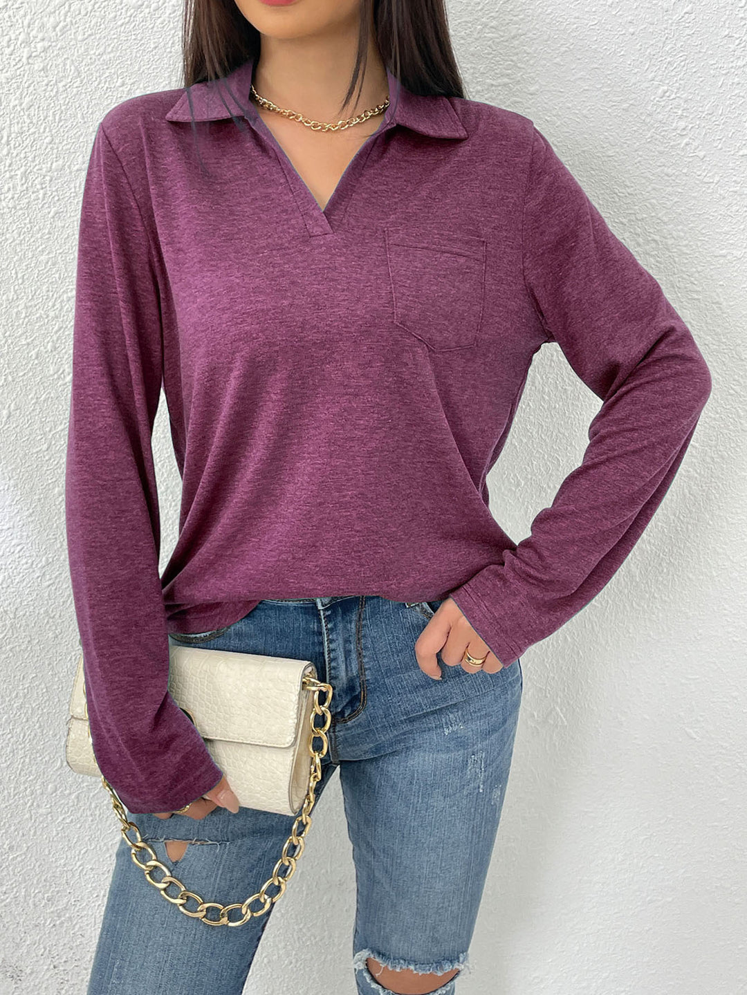 Damen Langarmbluse mit modernem Kragen und Brusttasche Drune