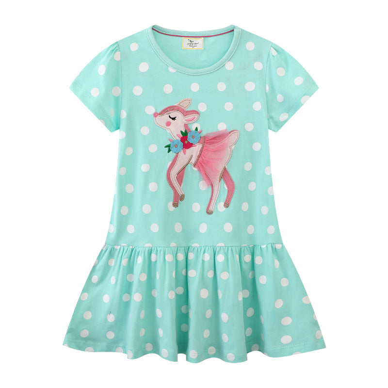 Mädchen Polka Dots Kleid mit süßem Reh-Design Drune