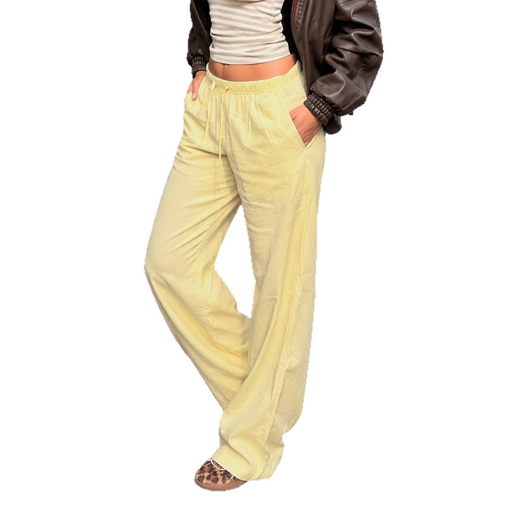 Damen Leinen-Loungehose mit weitem Bein, Tunnelzug und Seitentaschen Drune