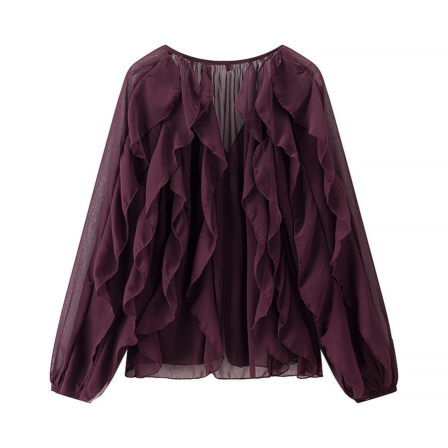 Damen Voluminöse Chiffonbluse mit mehrlagigen Volants und Knopfverschluss Drune