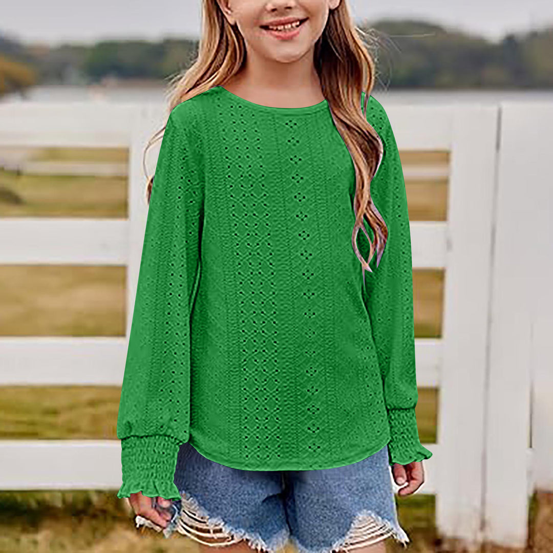 Damen Ajourgestricktes Oversize-Pullover-Shirt mit Ballonärmeln und Rüschenbündchen Drune