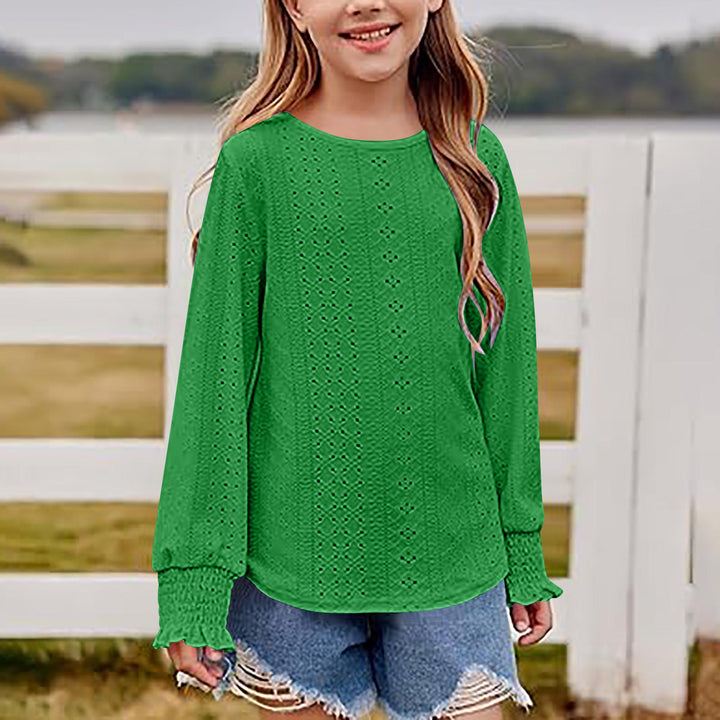 Damen Ajourgestricktes Oversize-Pullover-Shirt mit Ballonärmeln und Rüschenbündchen Drune