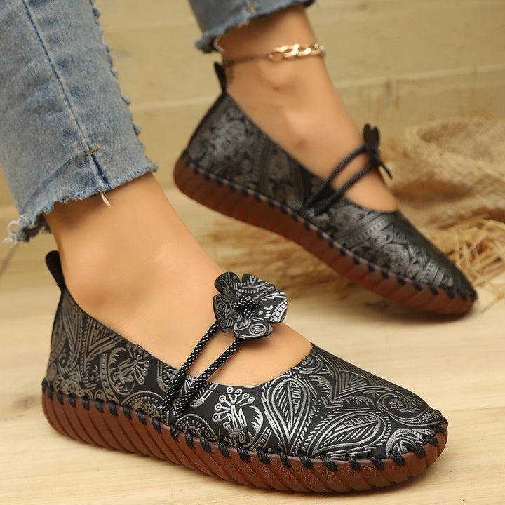 Damen nan flache Mokassin-Ballerina mit Paisley-Laserprint elastischem Kordelverschluss handgenähter Rahmennaht und flexibler profilter Laufsohle Drune