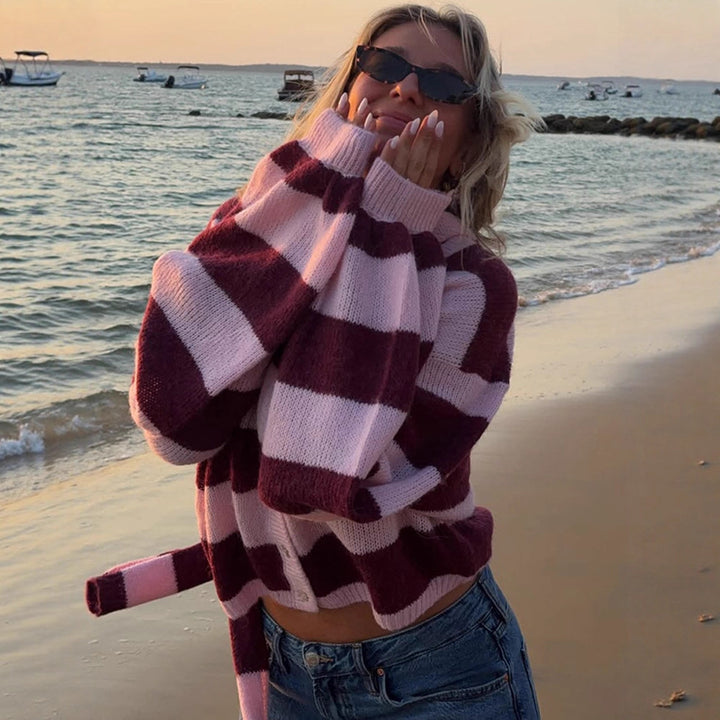 Damen Oversize Strickcardigan-Set mit Blockstreifen, Knopfleiste und passendem Schal Drune
