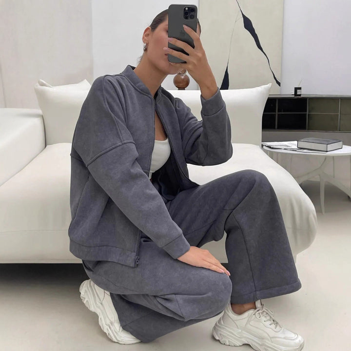 Damen Zweiteiliges Loungewear-Set mit kurzem Bomber-Zip und weiter hochgeschnittener Jogginghose Drune