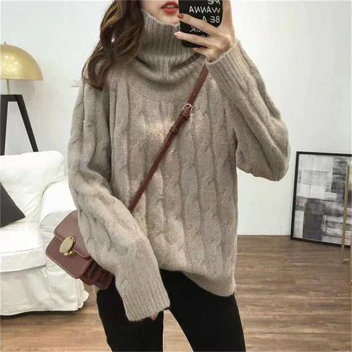 Damen Strickpullover mit hohem Kragen und Zopfmuster Drune