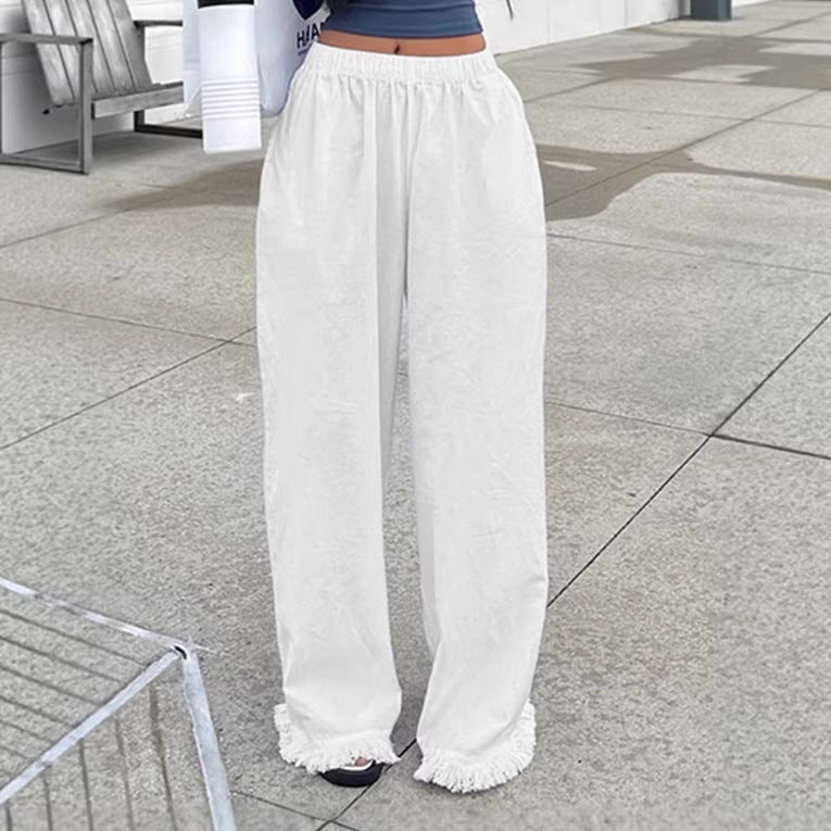 Damen Weite Straight‑Leg‑Hose mit elastischem Bund und Fransensaum Drune