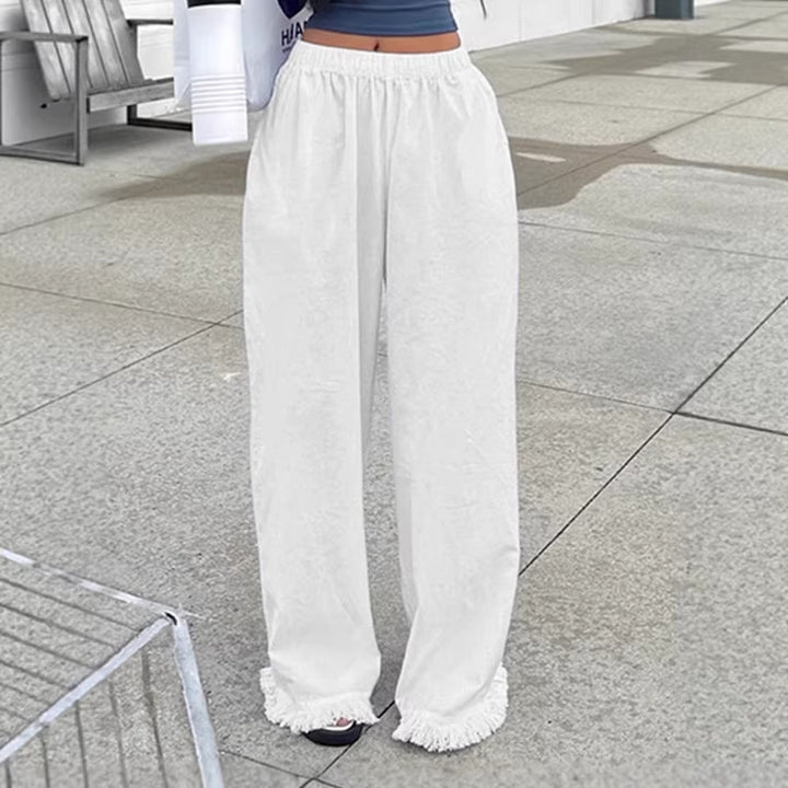 Damen Weite Straight‑Leg‑Hose mit elastischem Bund und Fransensaum Drune