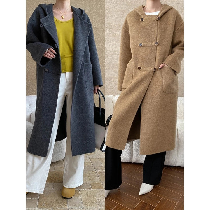 Damen eleganter Wollmantel mit Kapuze und praktischen Taschen Drune