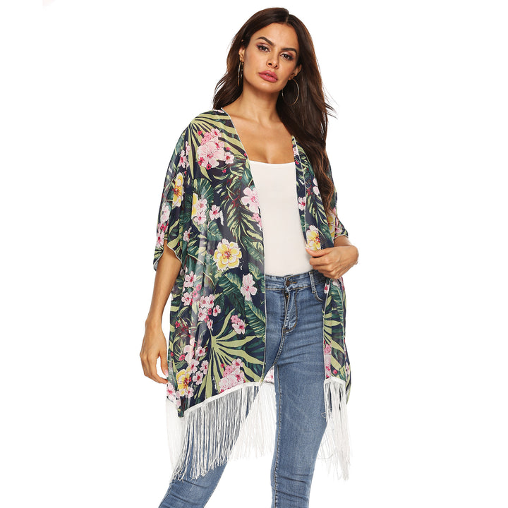 Damen Kimono mit floralem Design und Fransen Drune