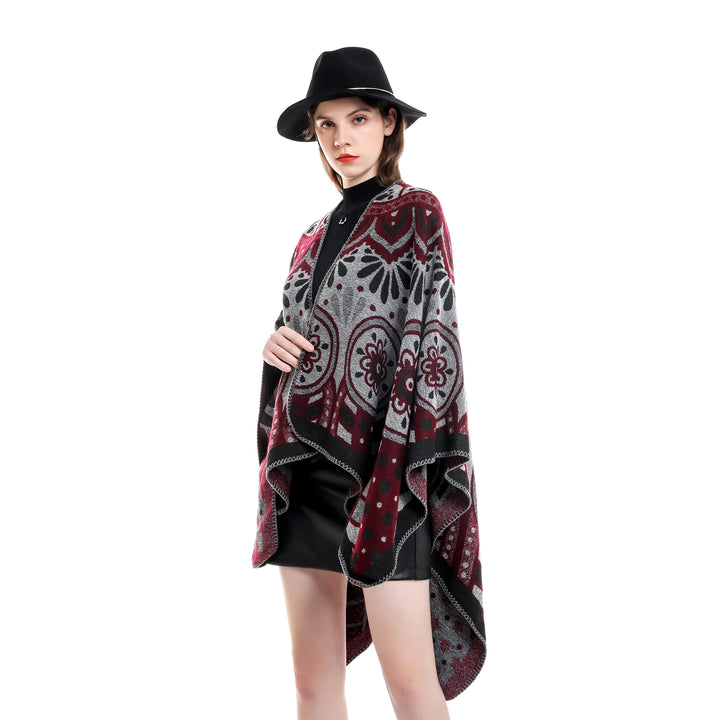 Damen Wollmix-Umhangponcho mit ornamentaler Jacquardstruktur und offenem Fall Drune