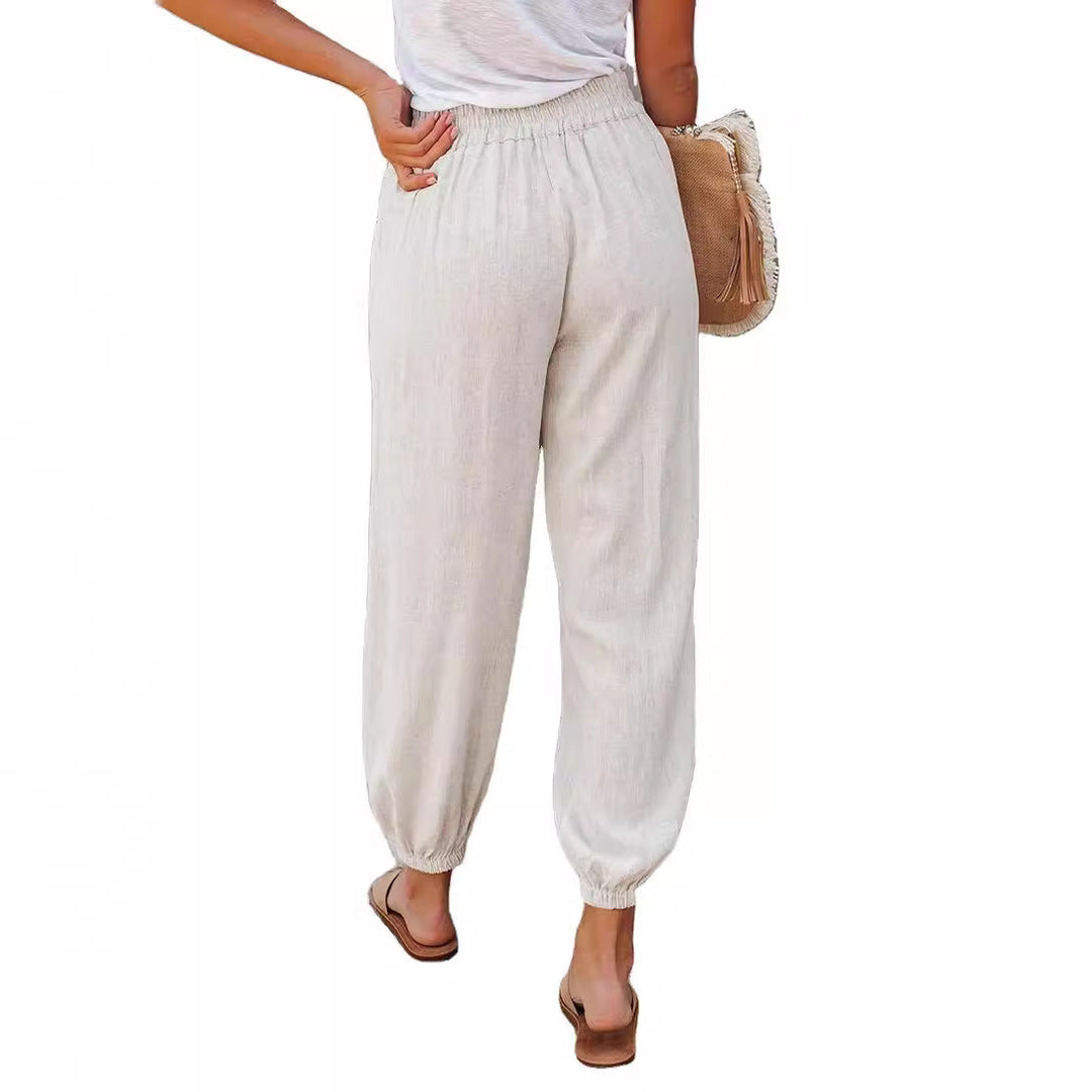 Damen lässige Leinen-Hose mit elastischem Bund und Gummizug Drune