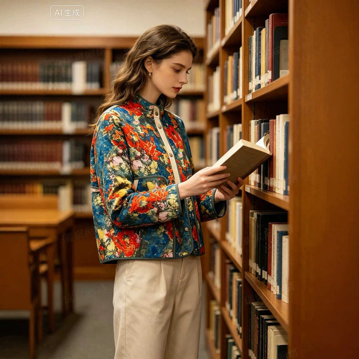 Damen Gepolsterte Steppjacke mit floralem Print, Stehkragen und Pattentaschen Drune