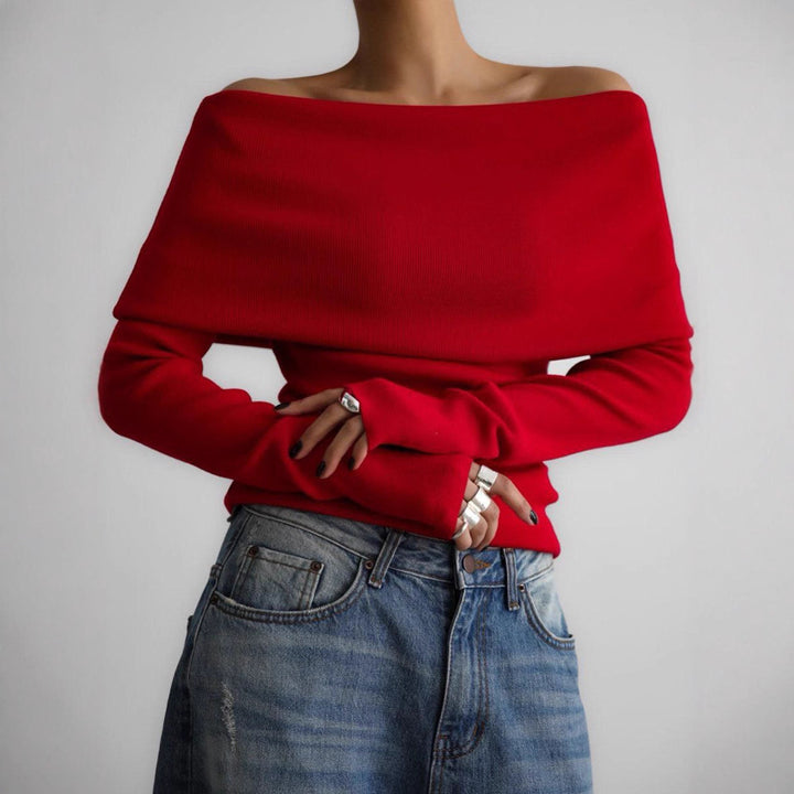Damen schulterfreier Feinstrick-Pullover mit umlegbarem Carmenkragen Drune