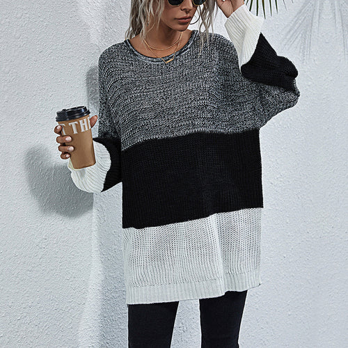 Damen Oversize Strickpullover mit Colorblock‑Einsätzen, Rundhals und Tunika‑Silhouette Drune