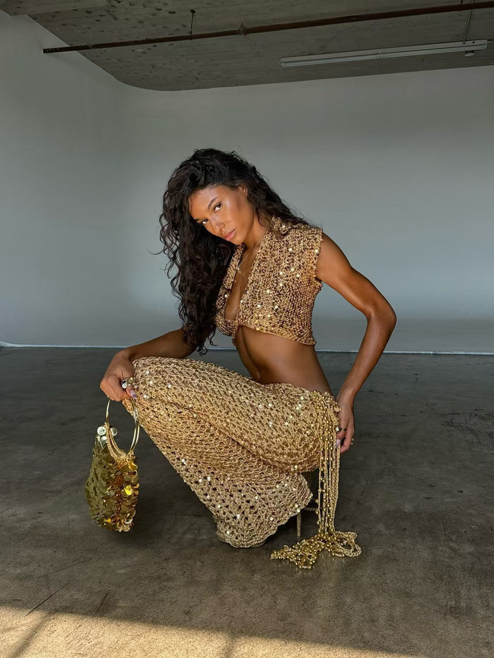Damen Glitzerndes Festival-Outfit mit kurzem Rock und Bandeau-Oberteil Drune