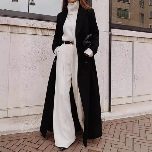 Damen klassischer Maxi-Mantel mit eleganten Falten und Taschen Drune