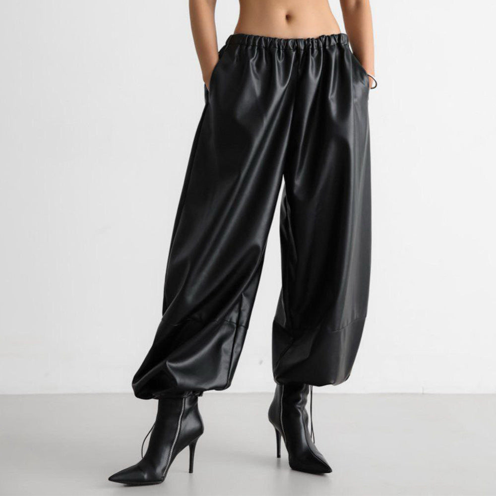 Damen Modische Kunstlederhose mit elastischem Bund Drune