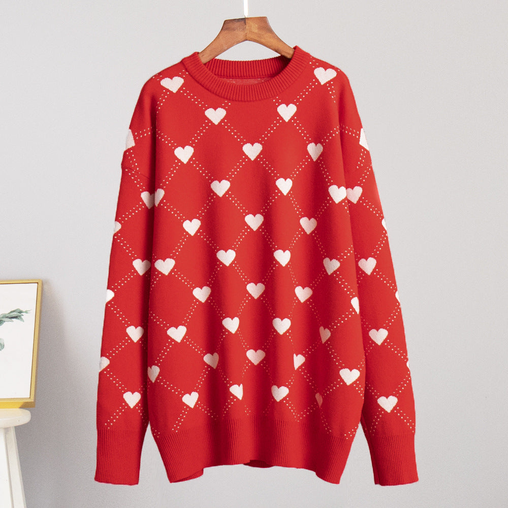 Damen Gemusterter Strickpullover mit Herzmotiv und lässigem Schnitt Drune