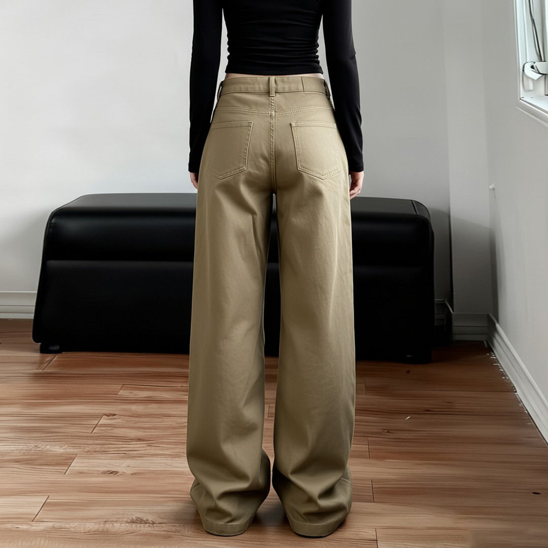 Damen Weite High‑Waist Schlaghose mit verstellbaren Knopfmanschetten und Knieabnähern Drune