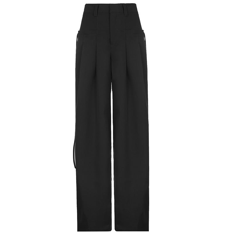 Damen nan hochtaillierte weite Bundfaltenhose mit Cargo‑Details, Gürtelschlaufen und geradem Beinschnitt Drune